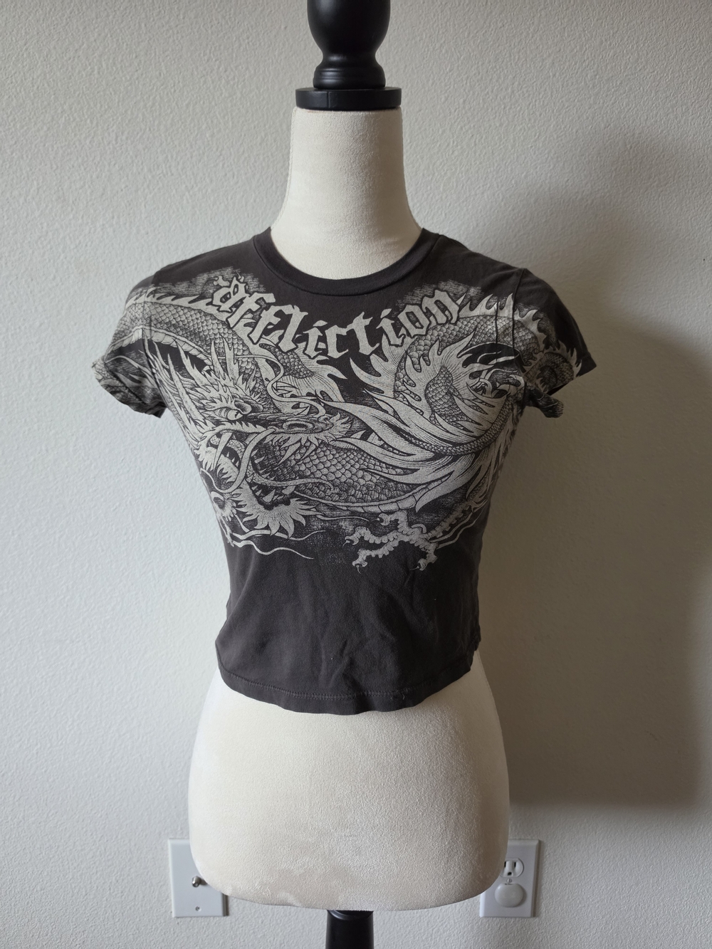Affliction Flaming Dragon Baby Crop T-Shirt Women Small Brown Crew Neck Pullover